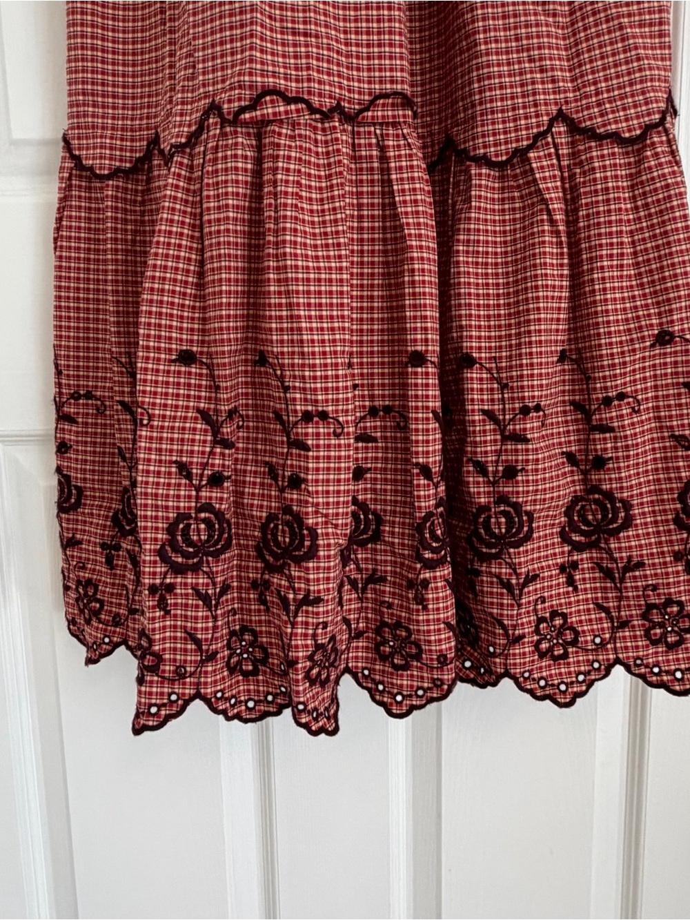 Madewell NWOT Red Gingham Embroidered Puff Sleeve Bow Back Midi Dress Size 10 - Picture 3 of 10